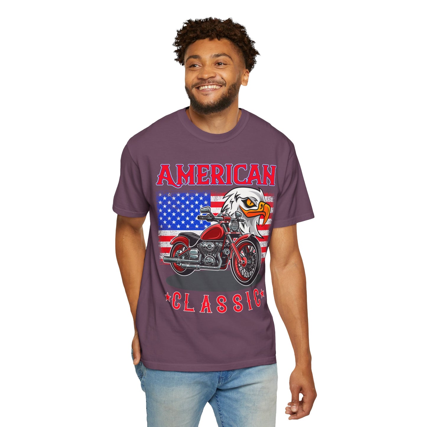 American Classic Tee, Unisex Garment-Dyed T-shirt, Biker Gift, Patriotic Apparel, Rider and Eagle Fashion, Vintage Style - 13658