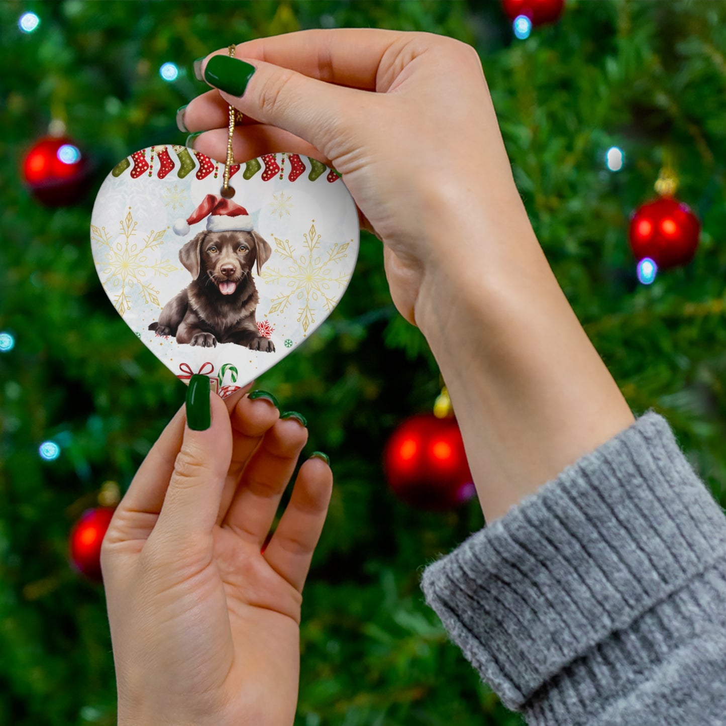 Dog with Christmas Hat - Ceramic Ornament, 4 Shapes