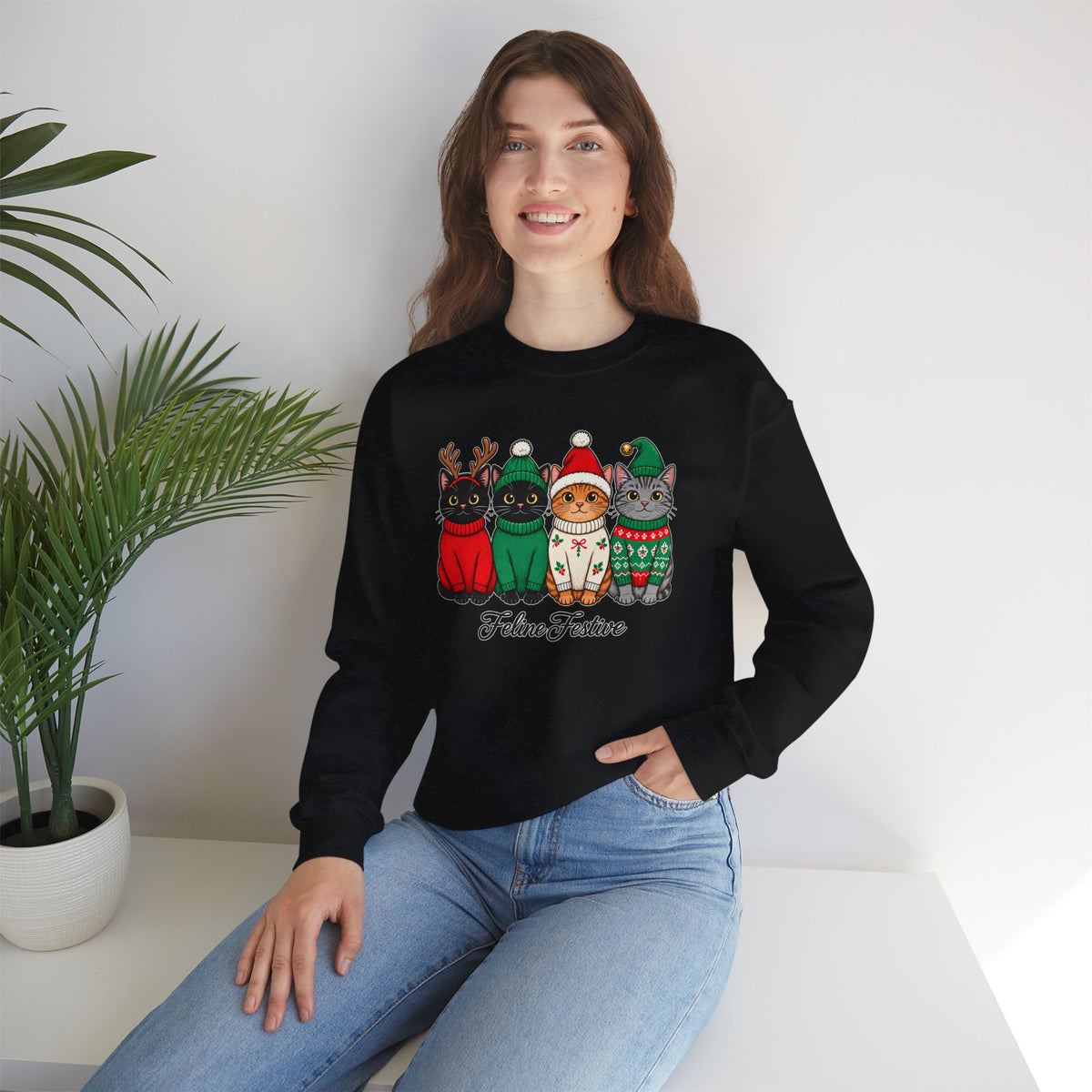 Feline Festive Sweatshirt, Cute Christmas Cats Crewneck - 14564
