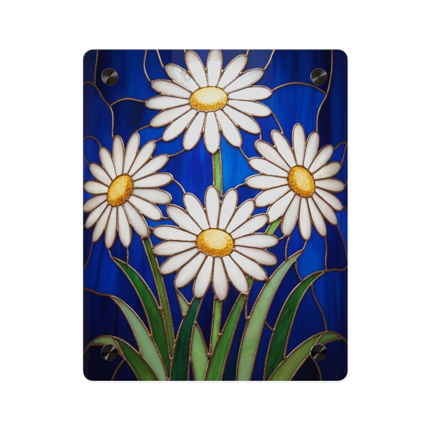 Daisy Stained-Glass Acrylic Wall Art Panel — White Daisies on Deep Blue Background - 14602