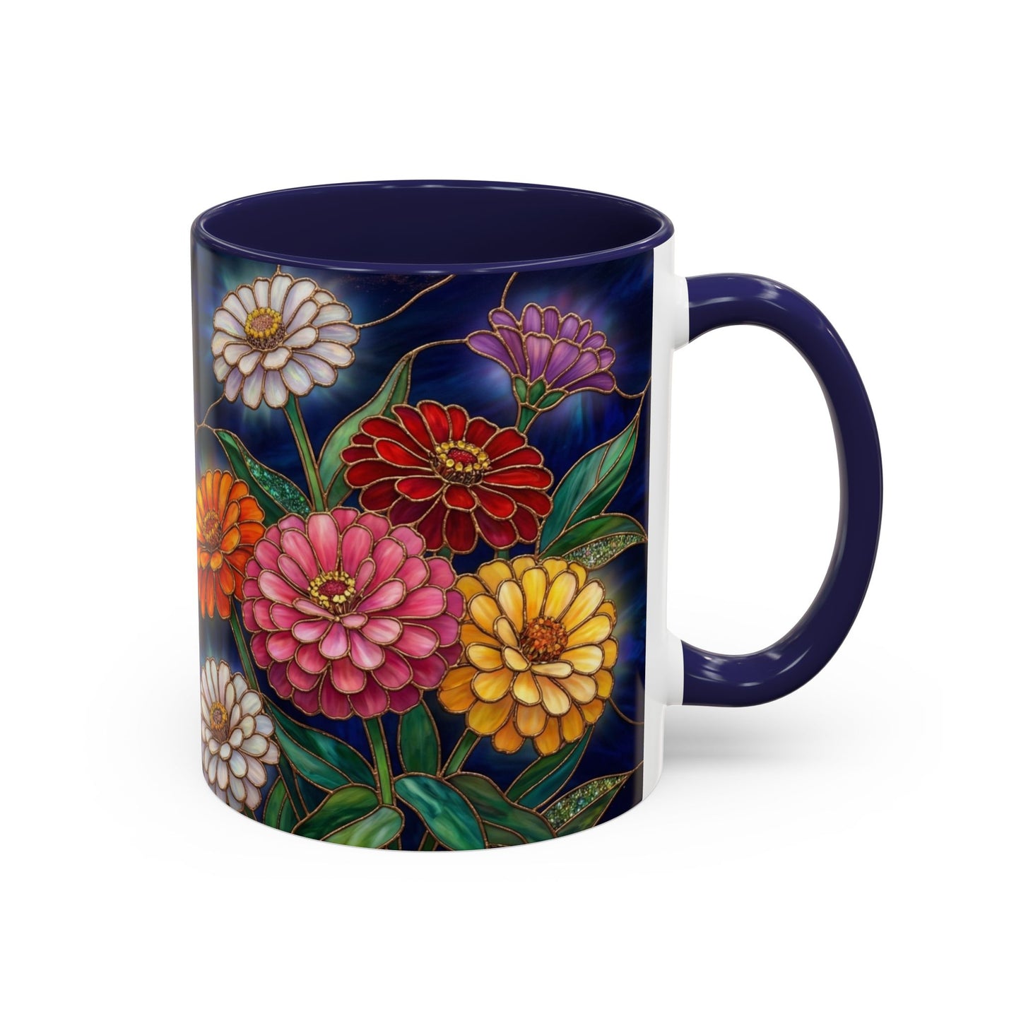 Zinnias Floral Accent Coffee Mug — Stained Glass Design 11/15oz - 14591