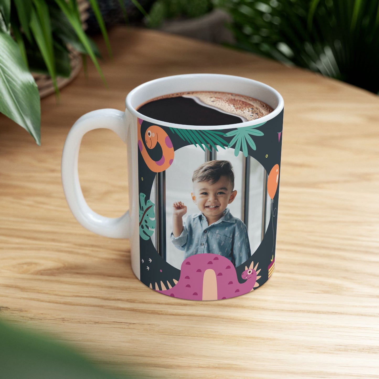 Happy Birthday, Dinosaur Lover, Photo & Name Customizable - Ceramic Mug, (11oz, 15oz) - 11238