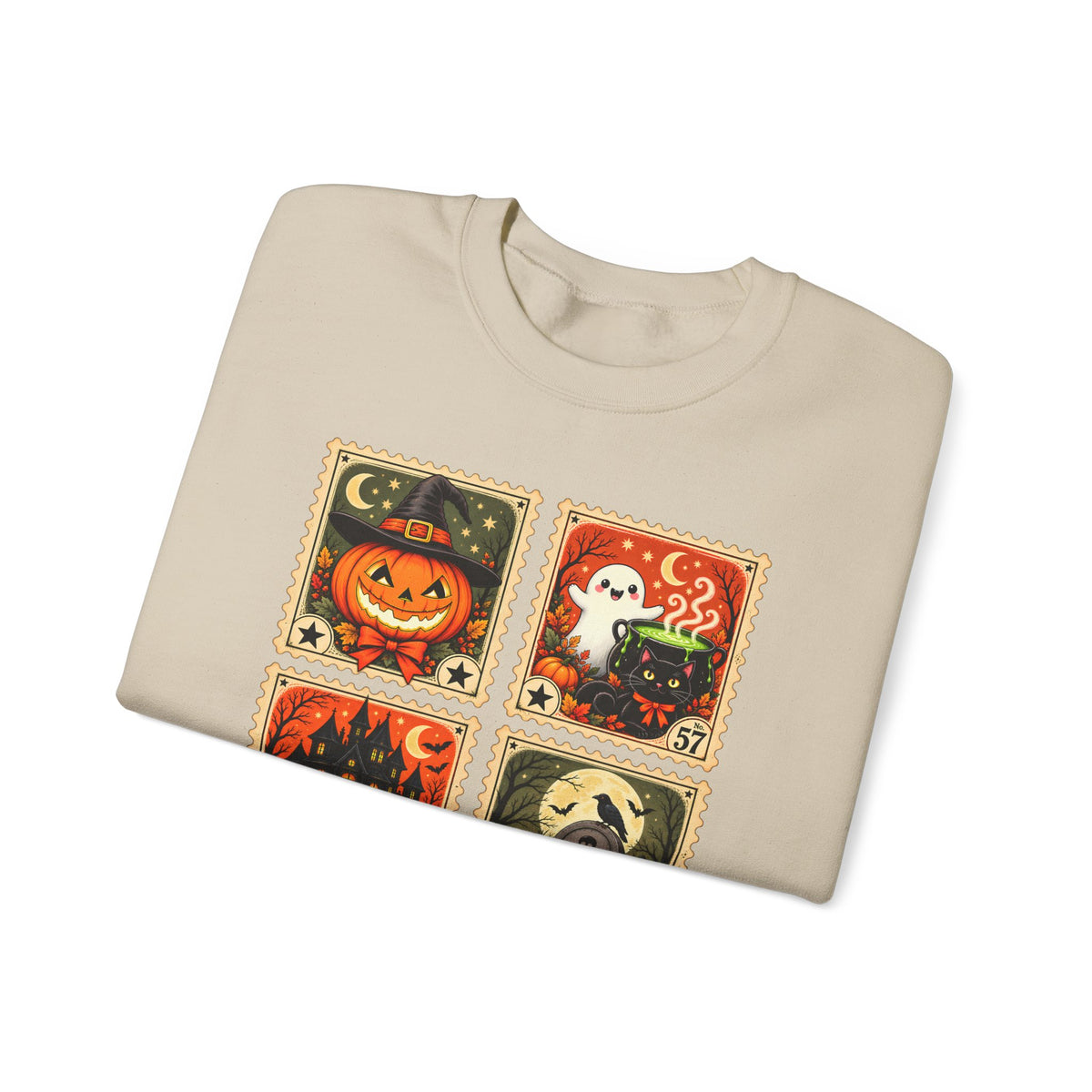Vintage Halloween Stamp Sweatshirt, Spooky Pumpkin & Ghost Crewneck - 14510