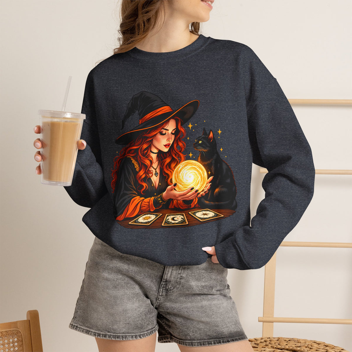 Witch Tarot Crewneck Sweatshirt, Mystic Fortune Teller & Black Cat Design - 14504