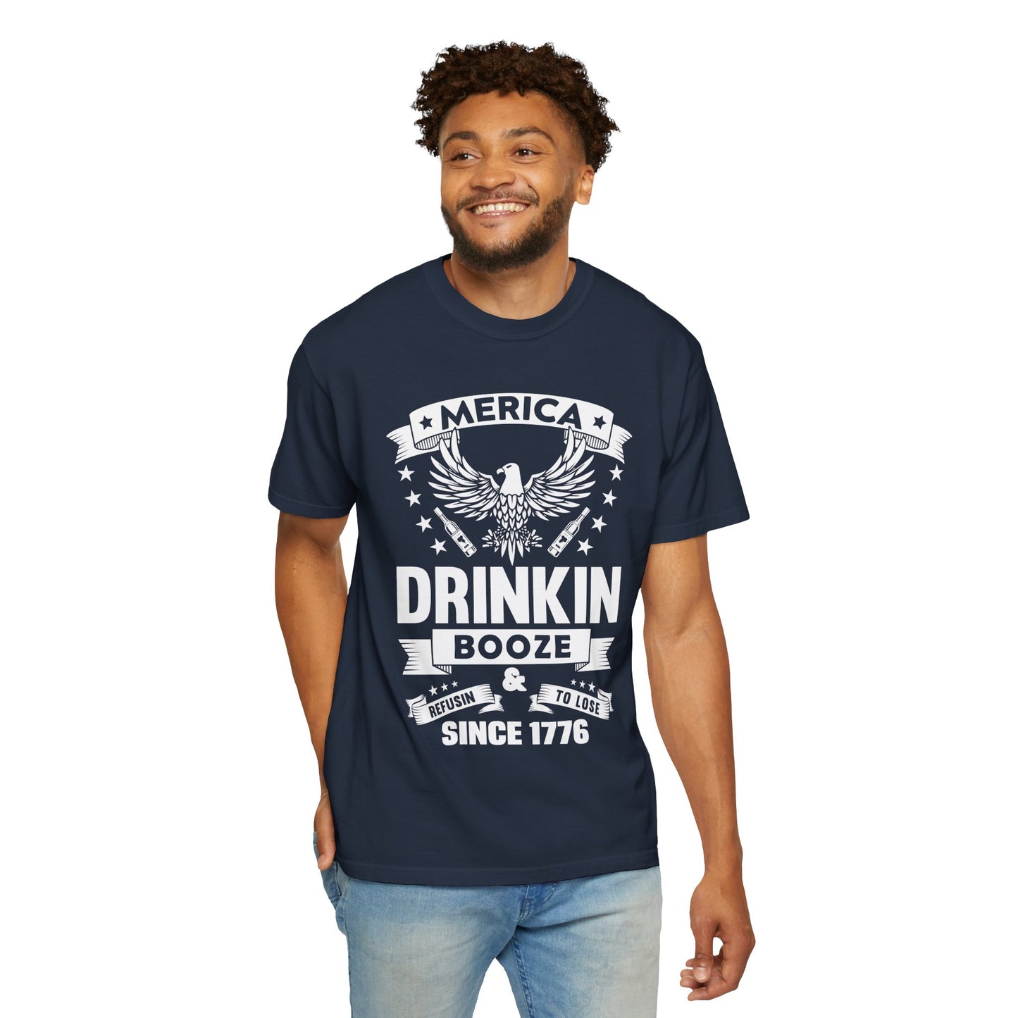 Patriotic Graphic Tee, Unisex Vintage T-shirt, Amerca Drinking Booze Shirt, Independence Day Gift, Casual Wear, Freedom Fashion - 13788
