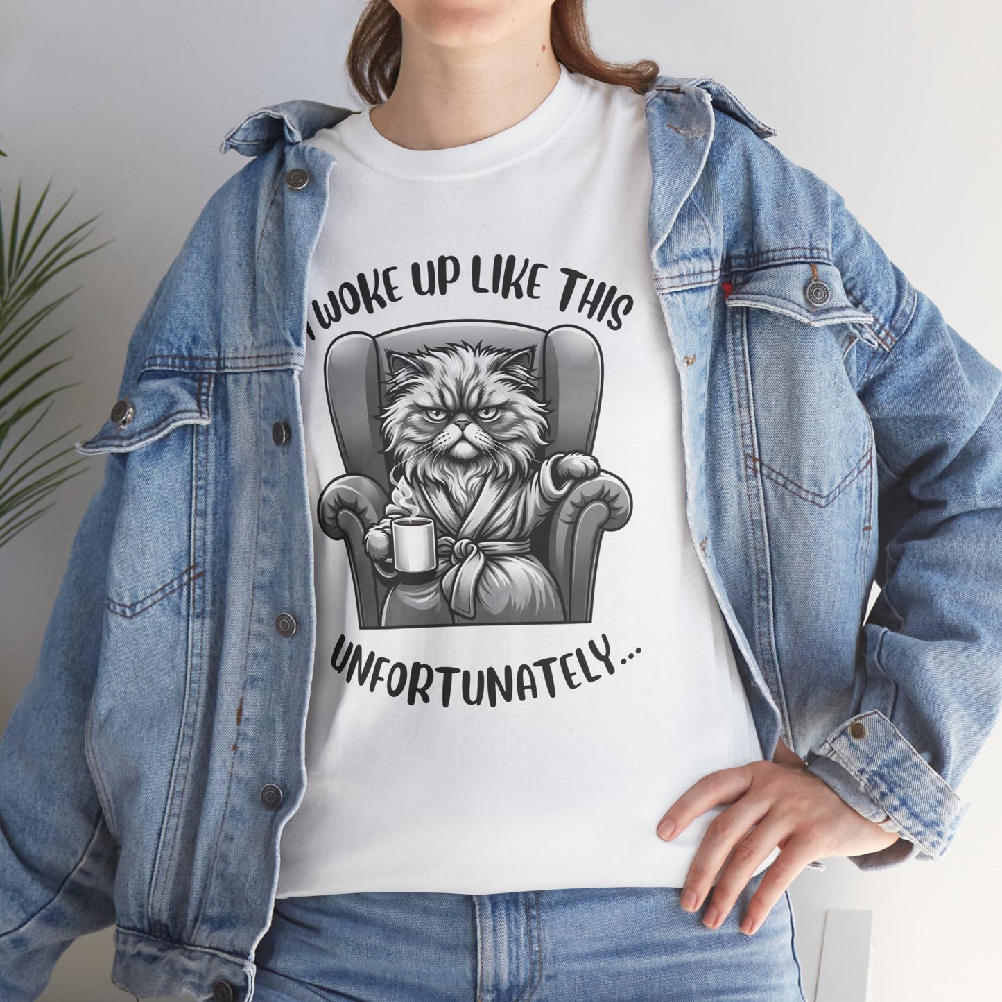 Funny Grumpy Cat T-Shirt – “I Woke Up Like This… Unfortunately” Graphic Tee- 14843