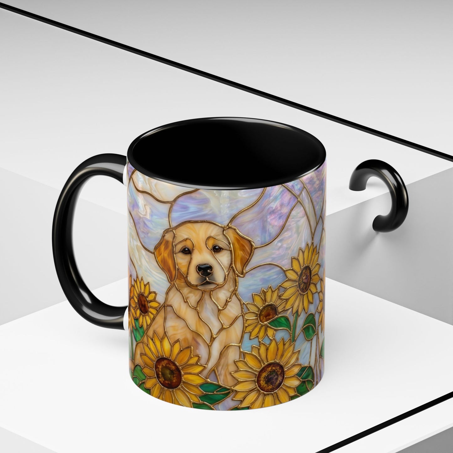 Sunflower Golden Retriever P uppiesAccent Coffee Mug –  Stained Glass Design (11/15 oz) - 14527