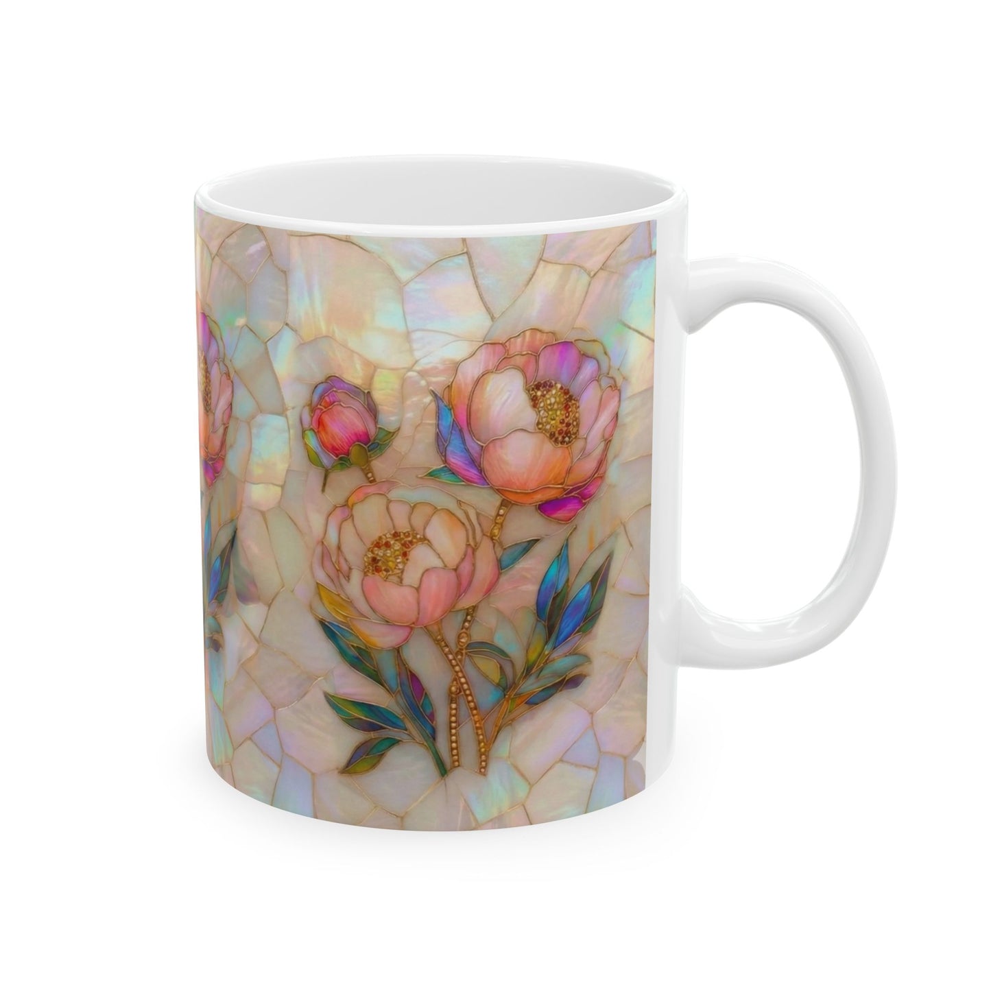 Floral Mosaic Ceramic Mug — Iridescent Peony Stained-Glass Design (11oz & 15oz) - 14518