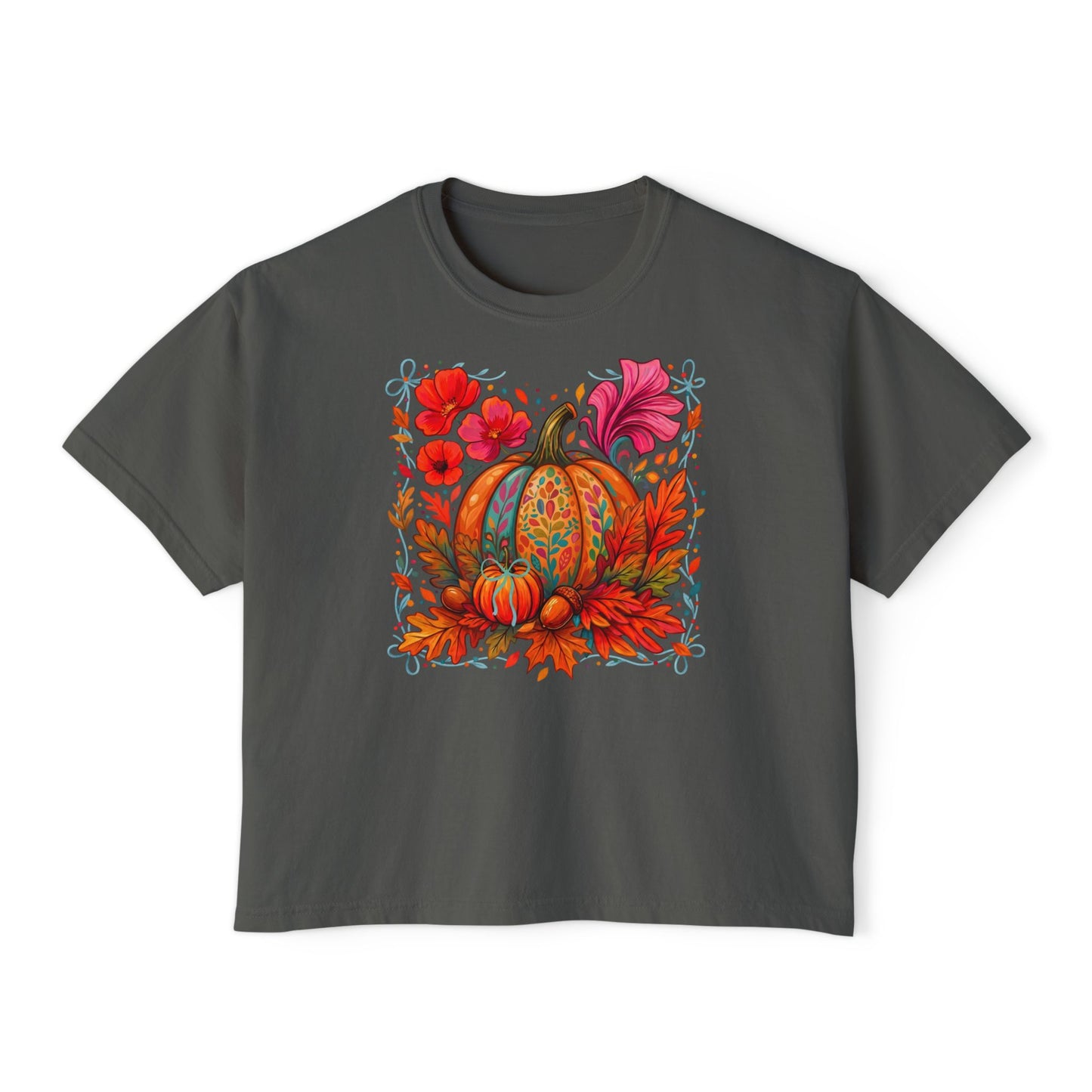 Autumn Pumpkin Floral Boxy T-Shirt,  Women’s Fall Harvest Graphic Tee - 14929