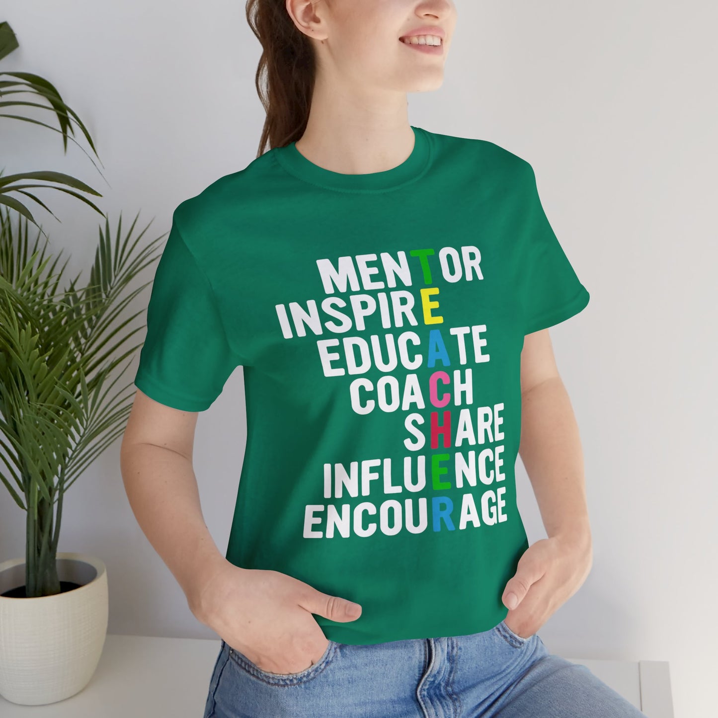 Teacher: Mentor Inspire, Educate, Coach, Share, Influence, Encourage - Unisex Jersey Short Sleeve Tee