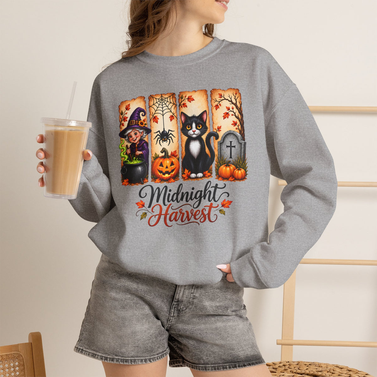Midnight Harvest Halloween Sweatshirt, Witch, Black Cat, Pumpkins & Spooky Fall Crewneck - 14514