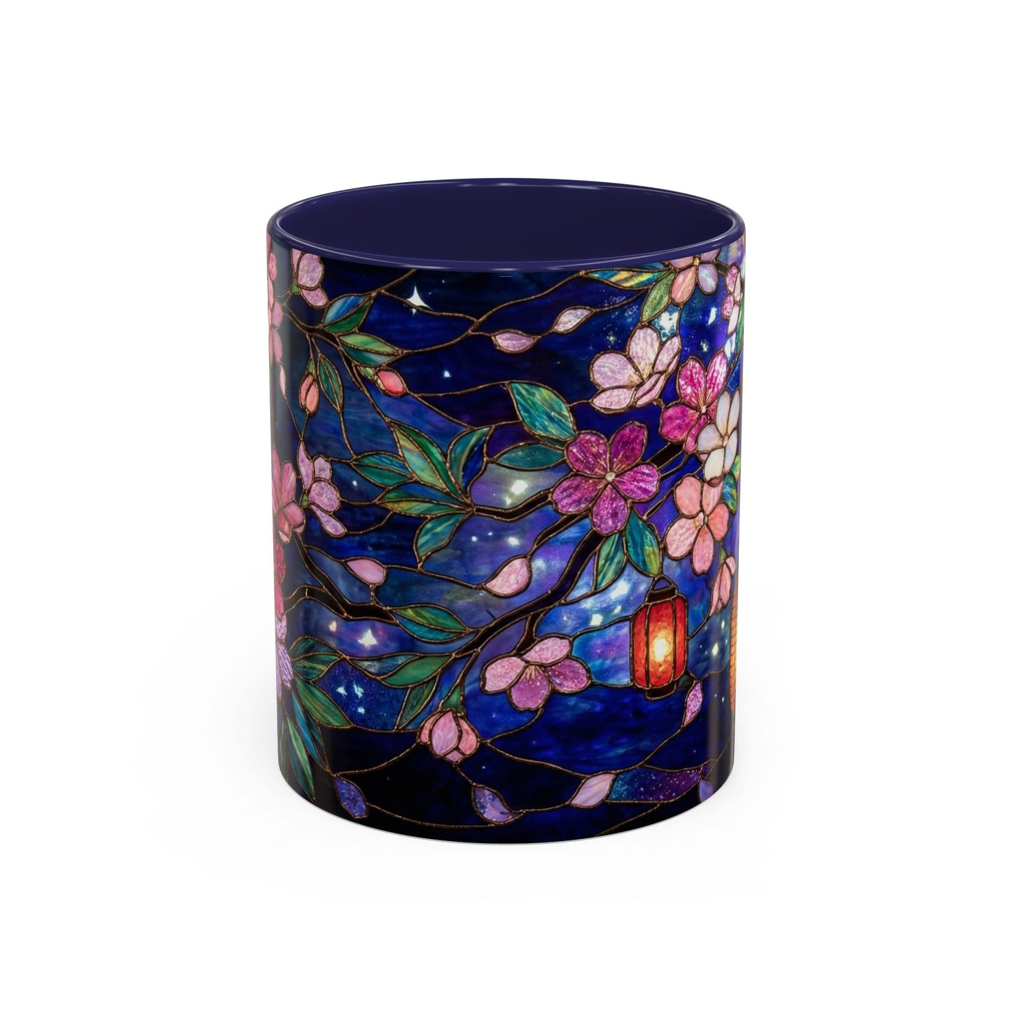 Cherry Blossom Lantern Coffee Mug — Floral Night Sky, Stained Glass Design (11/15 oz) - 14533