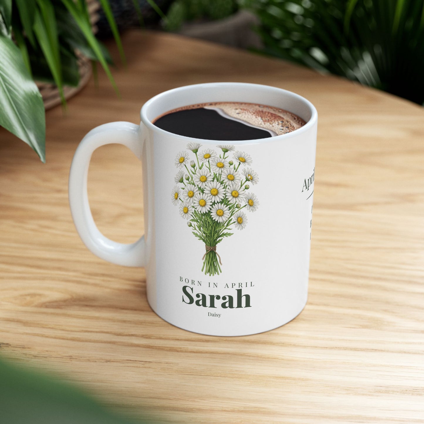 Personalized April Daisy Birth Flower Mug – Custom Name Floral Coffee Cup, "Pure Bright Loyal" Birthday Gift (11oz, 15oz)  - 14832