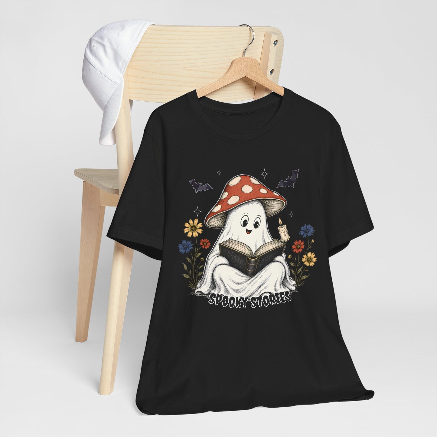 Spooky Stories Ghost T-Shirt, Cute Mushroom Ghost Reading Shirt for Halloween - 14970