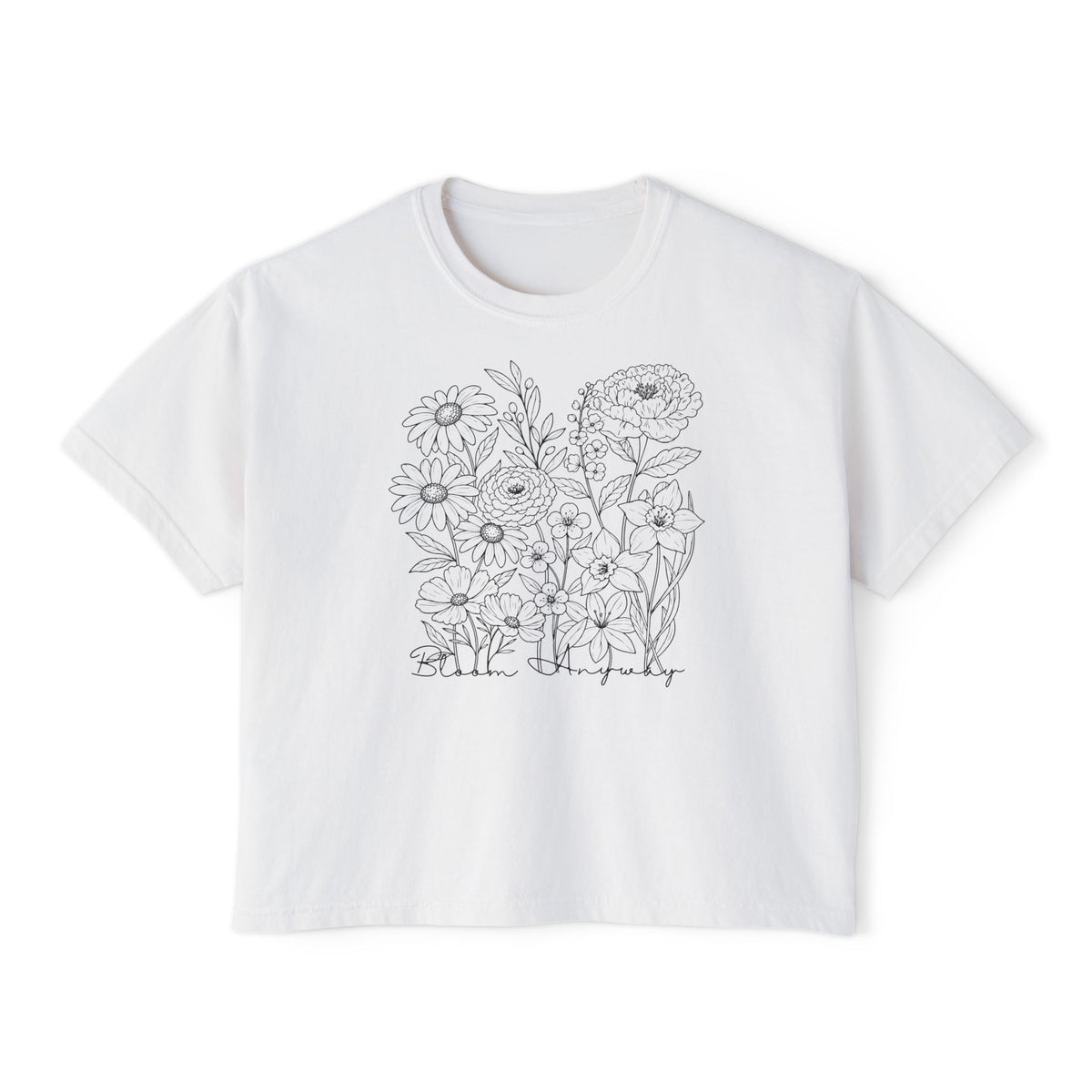 Floral Line Art Boxy T-Shirt, Women’s Botanical Sketch Tee - 14987