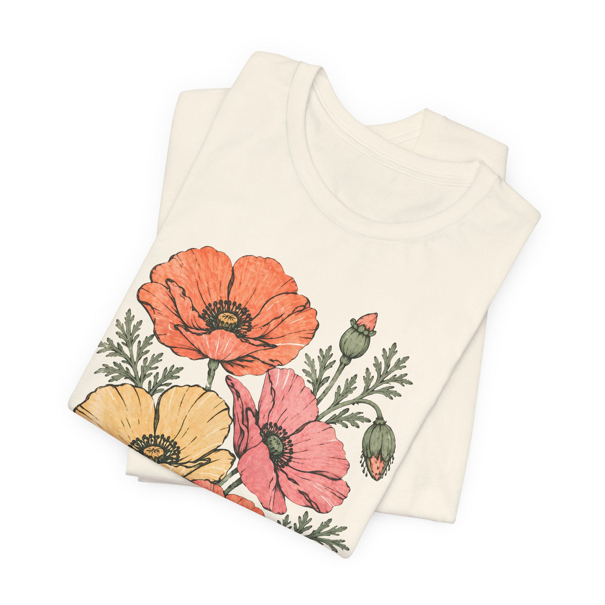 Floral Poppies T-Shirt, Vintage Wildflower Graphic Tee - 14988