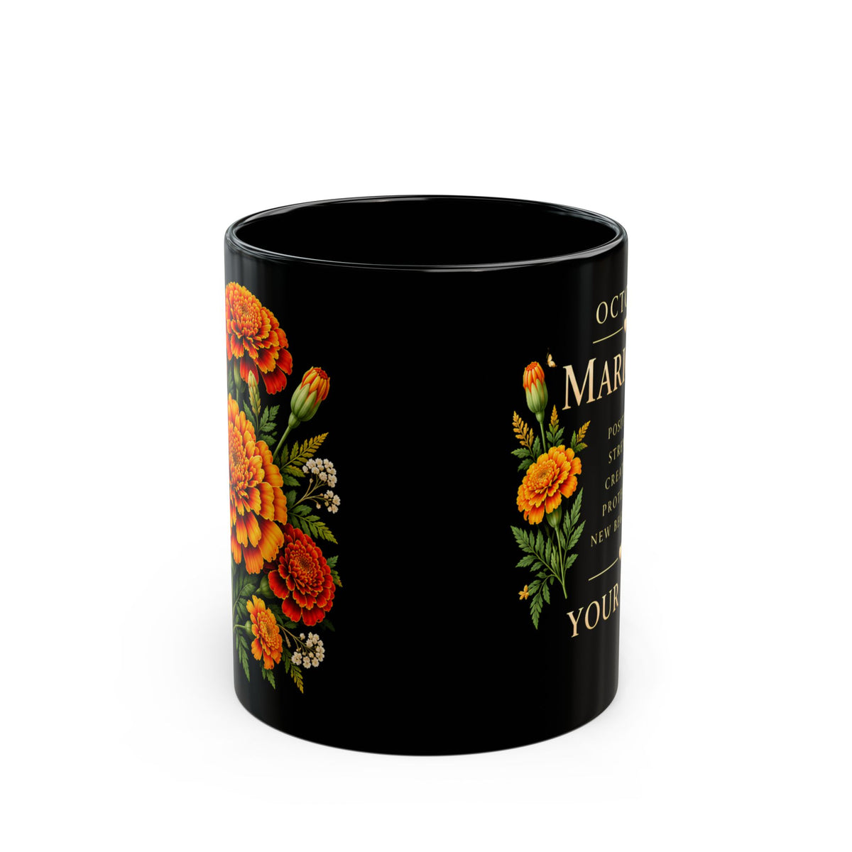 Personalized October Marigold Black Mug, Custom Name Birth Flower Coffee Cup - 14977