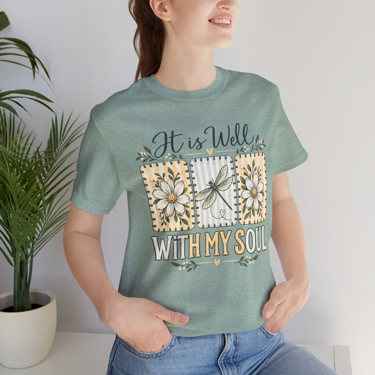 It Is Well With My Soul T-Shirt, Floral Dragonfly Christian Faith Tee - 14991