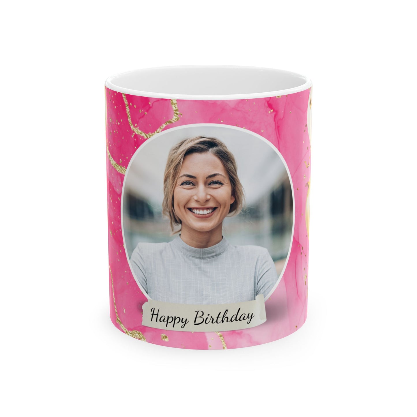 Happy Birthday Ceramic Mug, Personalized Gift, Celebration Drinkware, Pink Balloon Coffee Cup, Custom Photo Mug - 13992
