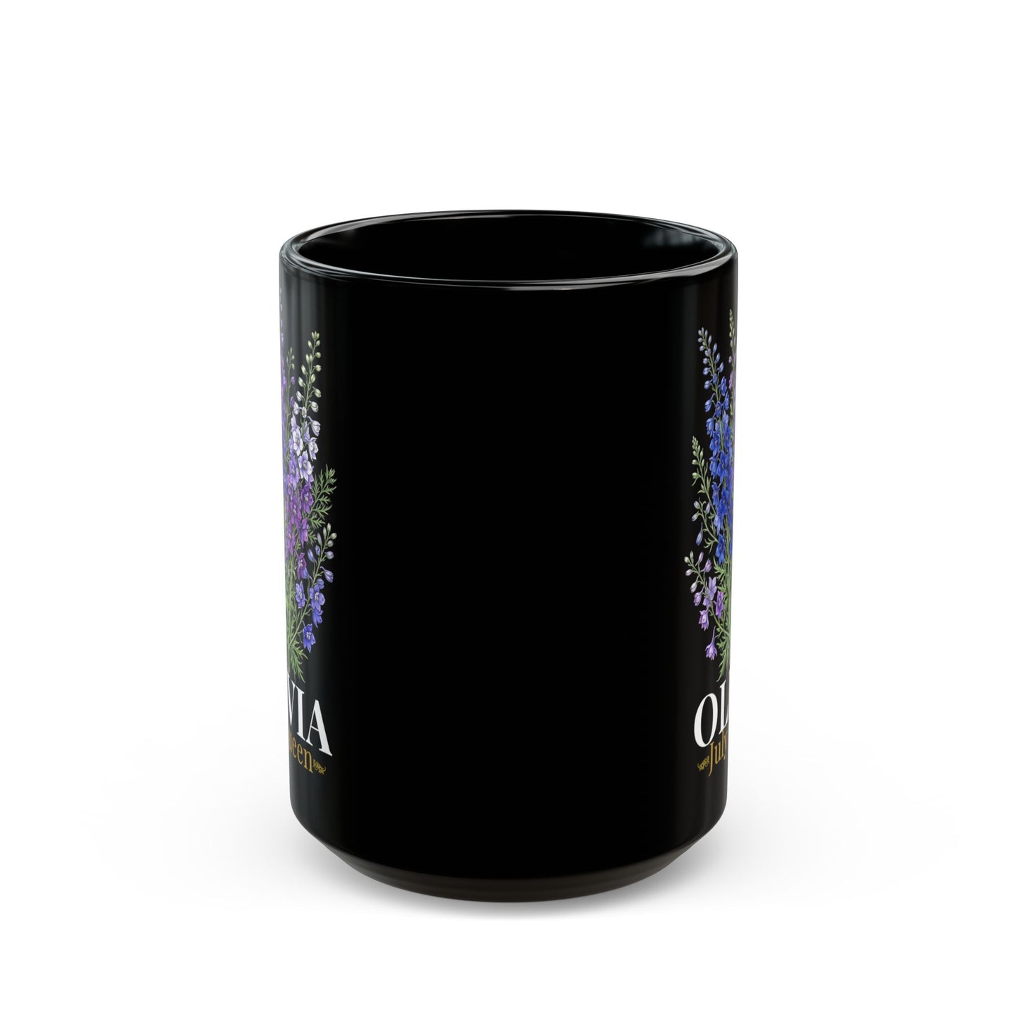 Personalized July Birth Flower Mug – Custom Name Larkspur Floral Coffee Cup, July Queen Gift for Her, Black Mug 11oz 15oz - 14905