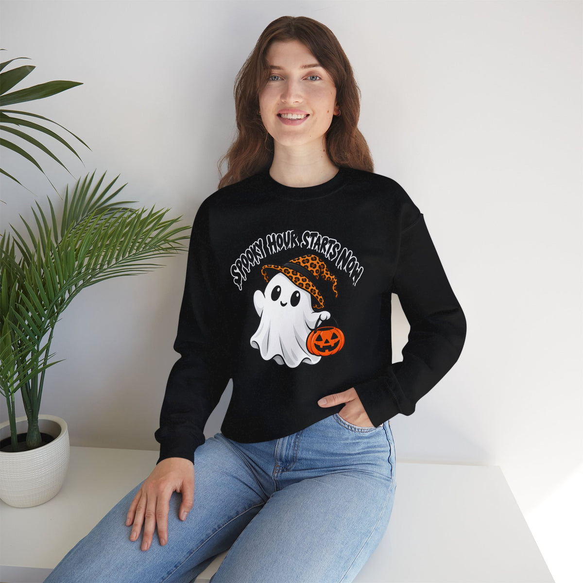 Spooky Hour Starts Now Sweatshirt, Cute Halloween Ghost Crewneck - 14536