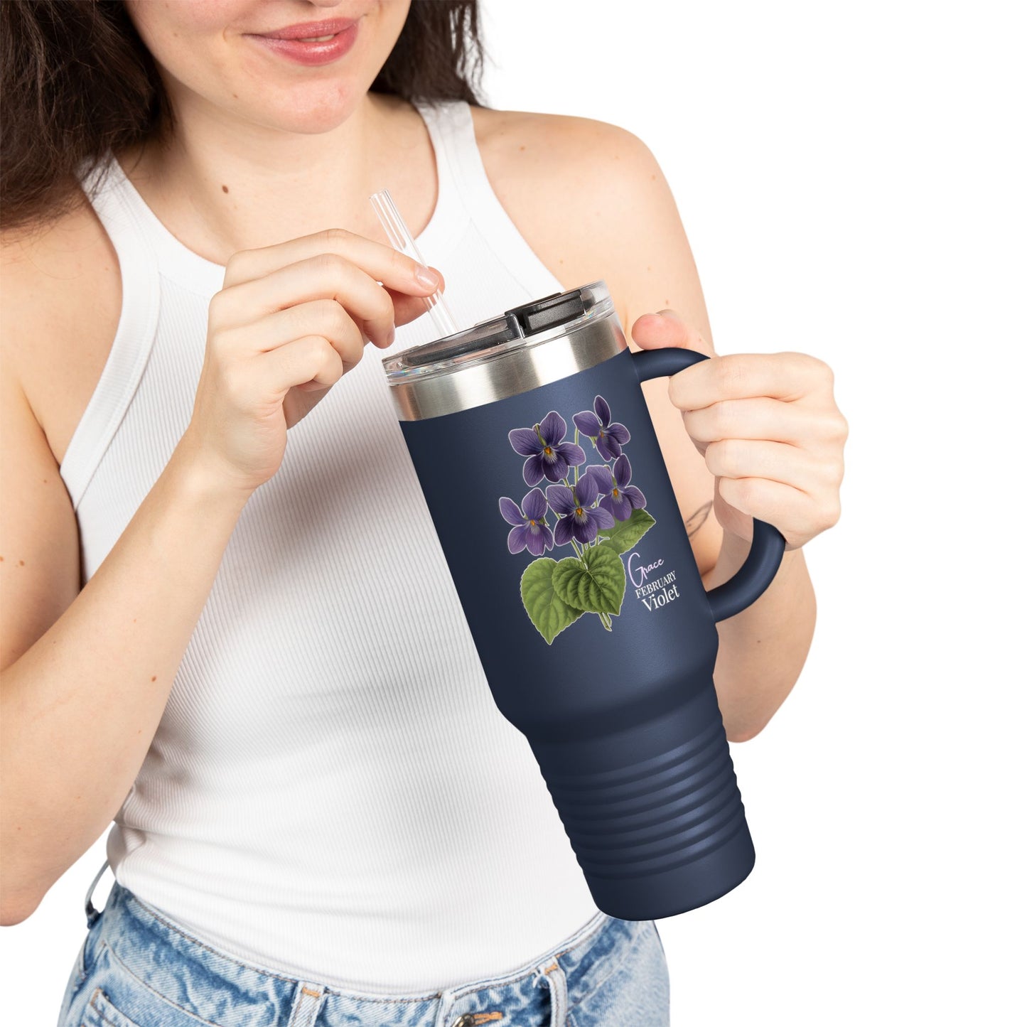 Violet Floral Tumbler – February Birth Flower Gift | 40oz Insulated Travel Mug, Customizable — 14688