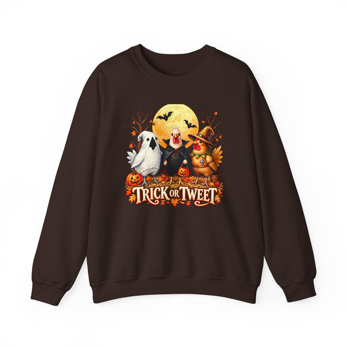 Trick or Tweet Halloween Sweatshirt, Cute Costume Chickens & Ghost Crewneck- 14512