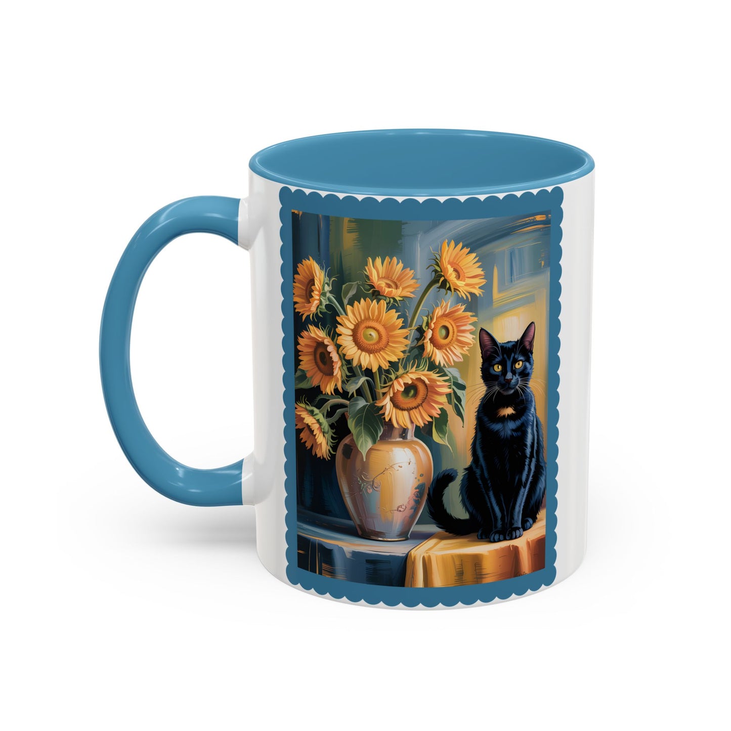 Van Gogh Style Black Cat & Sunflowers Accent Mug – Art Lover Coffee Cup (11oz / 15oz) - 14765