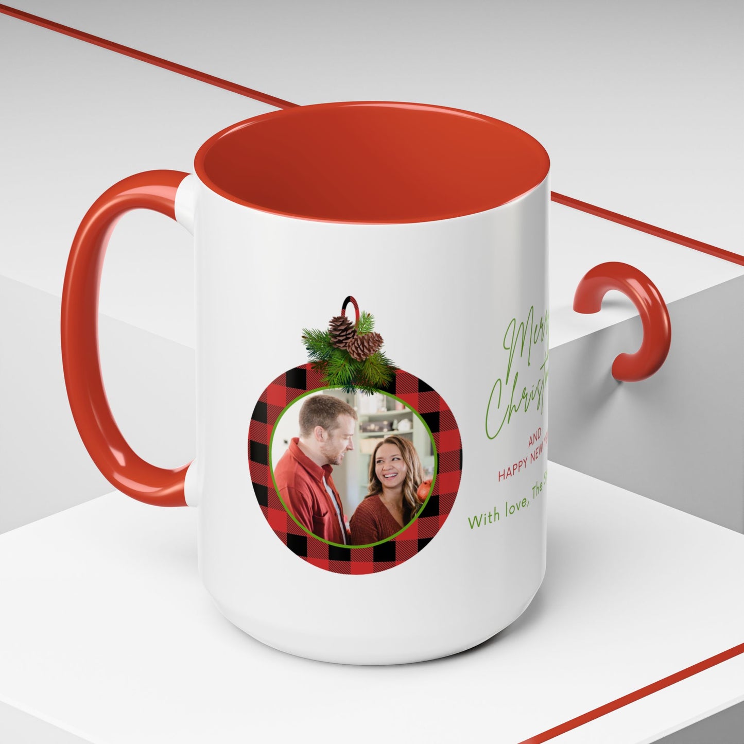 Merry Christmas & Happy New Year, Family Photo, Customizable - Accent Coffee Mug (11, 15oz) - 10918