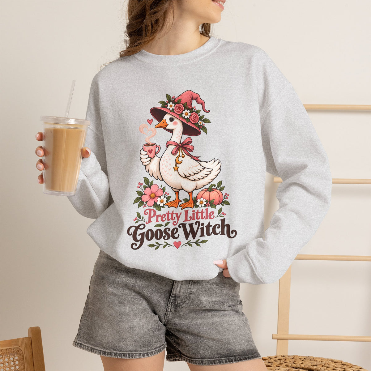 Pretty Little Goose Witch Sweatshirt, Cute Floral Halloween Crewneck - 14532