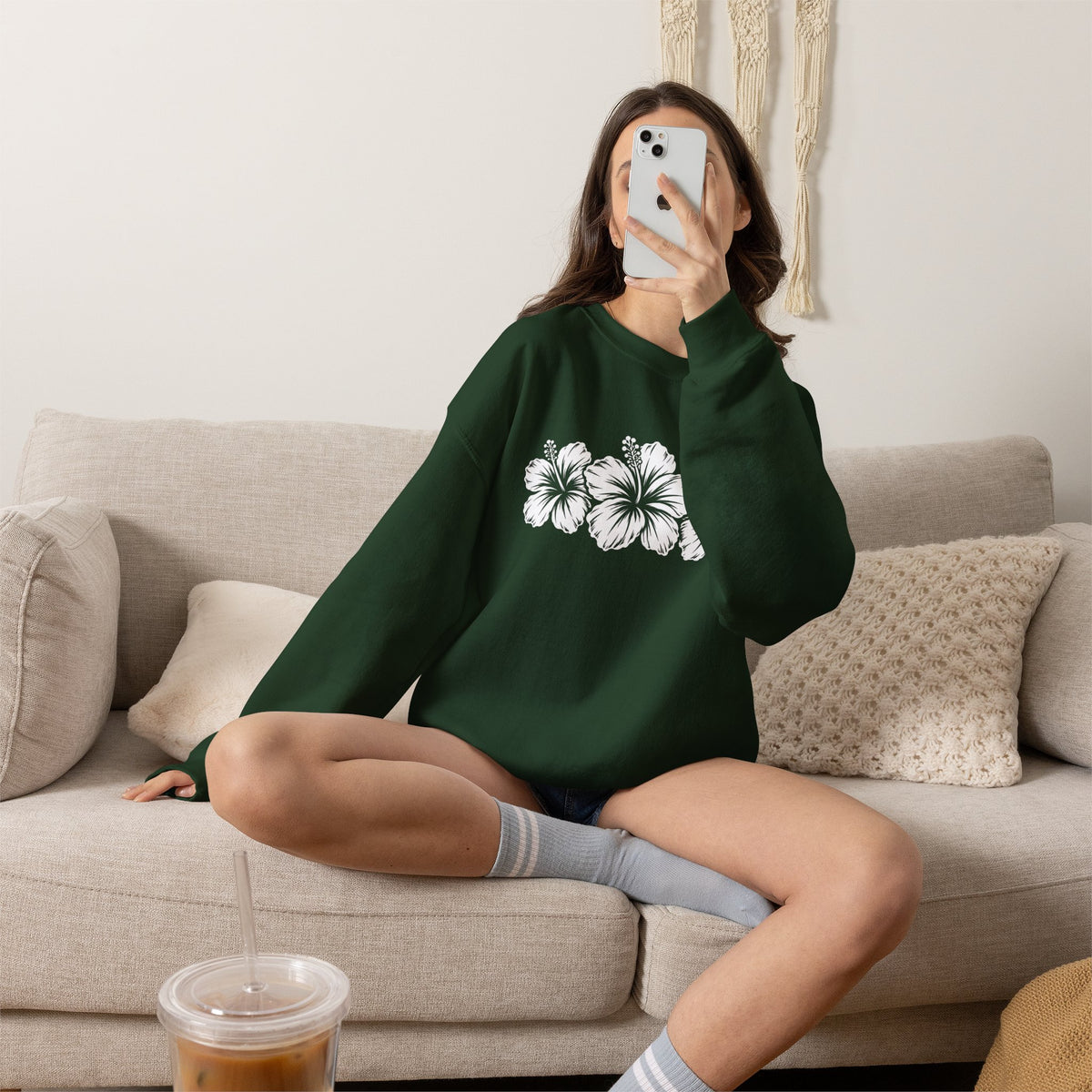 Hibiscus Floral Crewneck Sweatshirt,  Tropical Flower Graphic - 14996