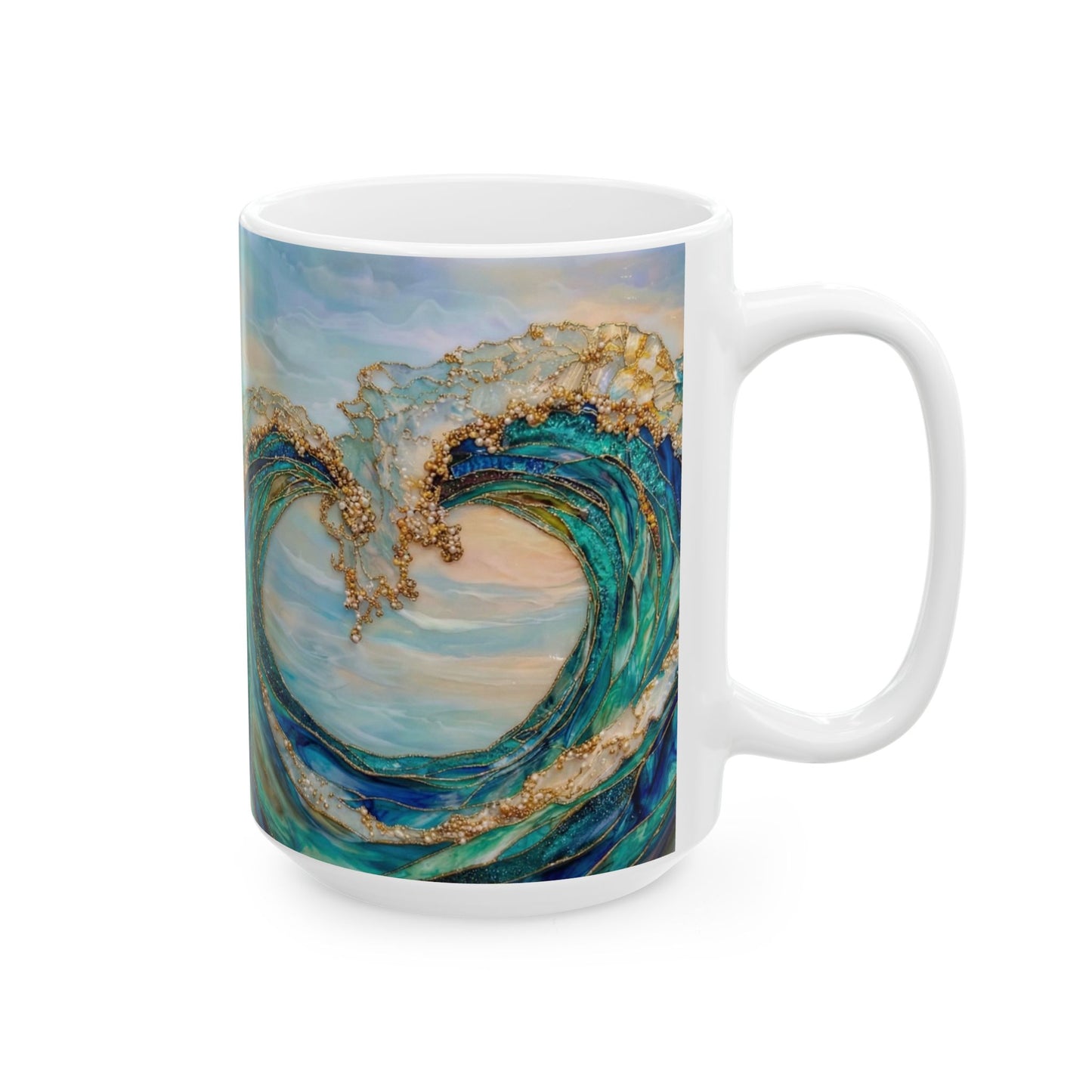 Ocean Wave Ceramic Mug — Teal & Gold Coastal Art Coffee Cup (11oz, 15oz) - 14522