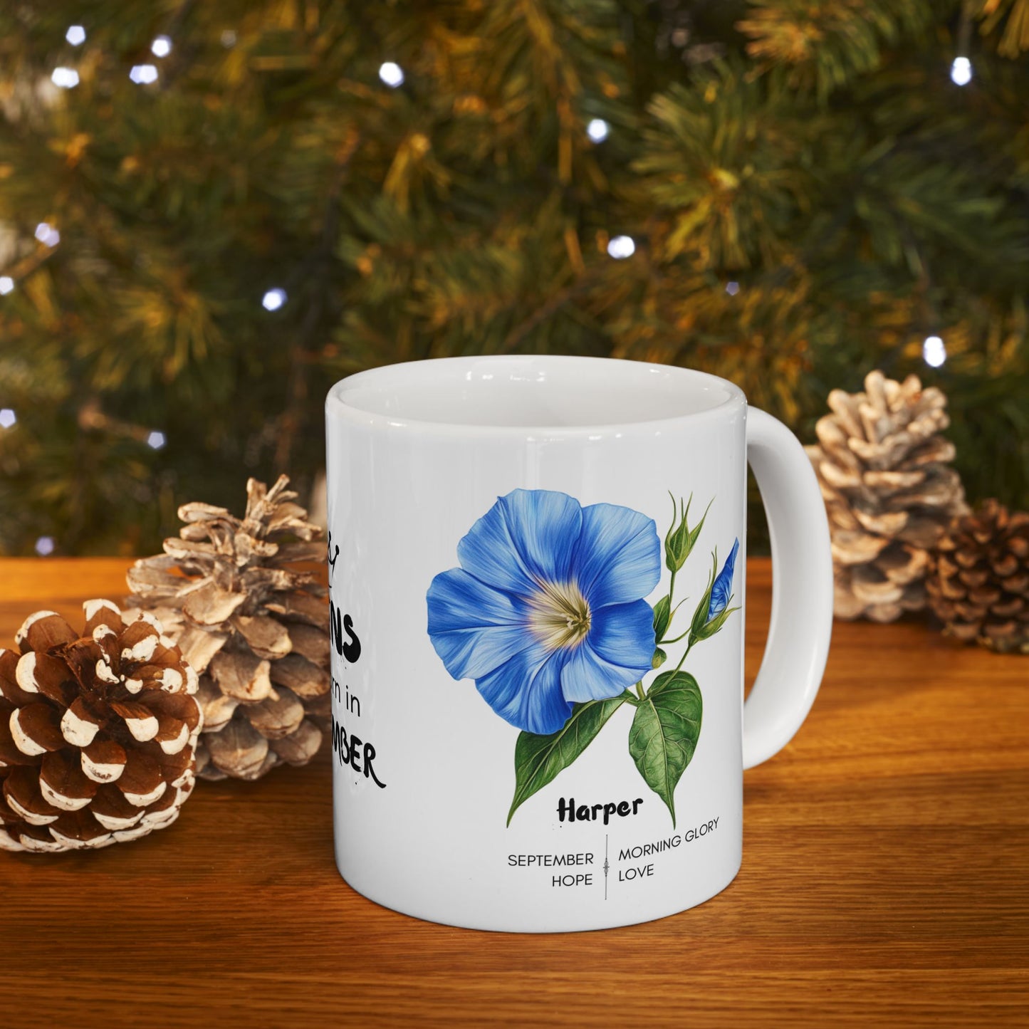 Happy Birthday: Queens Are Born In September, Morning Glory Flower, Customizable - Ceramic Mug, (11oz, 15oz)