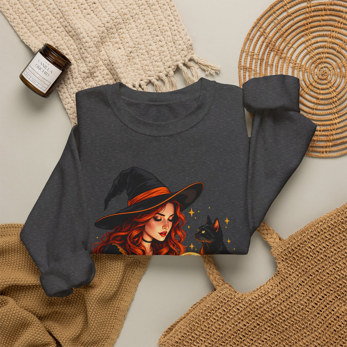 Witch Tarot Crewneck Sweatshirt, Mystic Fortune Teller & Black Cat Design - 14504