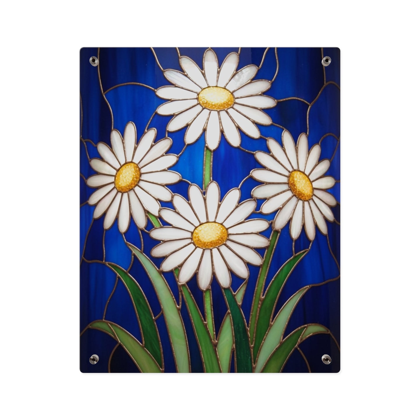 Daisy Stained-Glass Acrylic Wall Art Panel — White Daisies on Deep Blue Background - 14602
