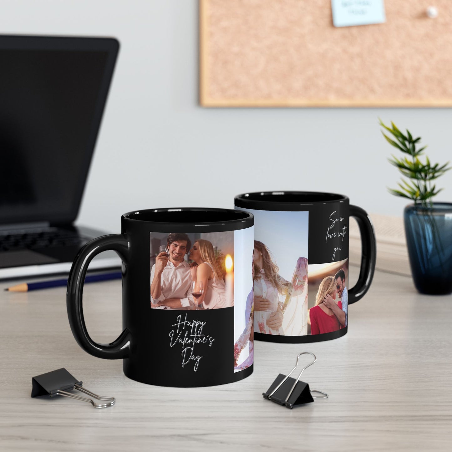 Happy Valentine's Day, Couple's Photos, Customizable - Black Mug (11oz, 15oz) - 11004