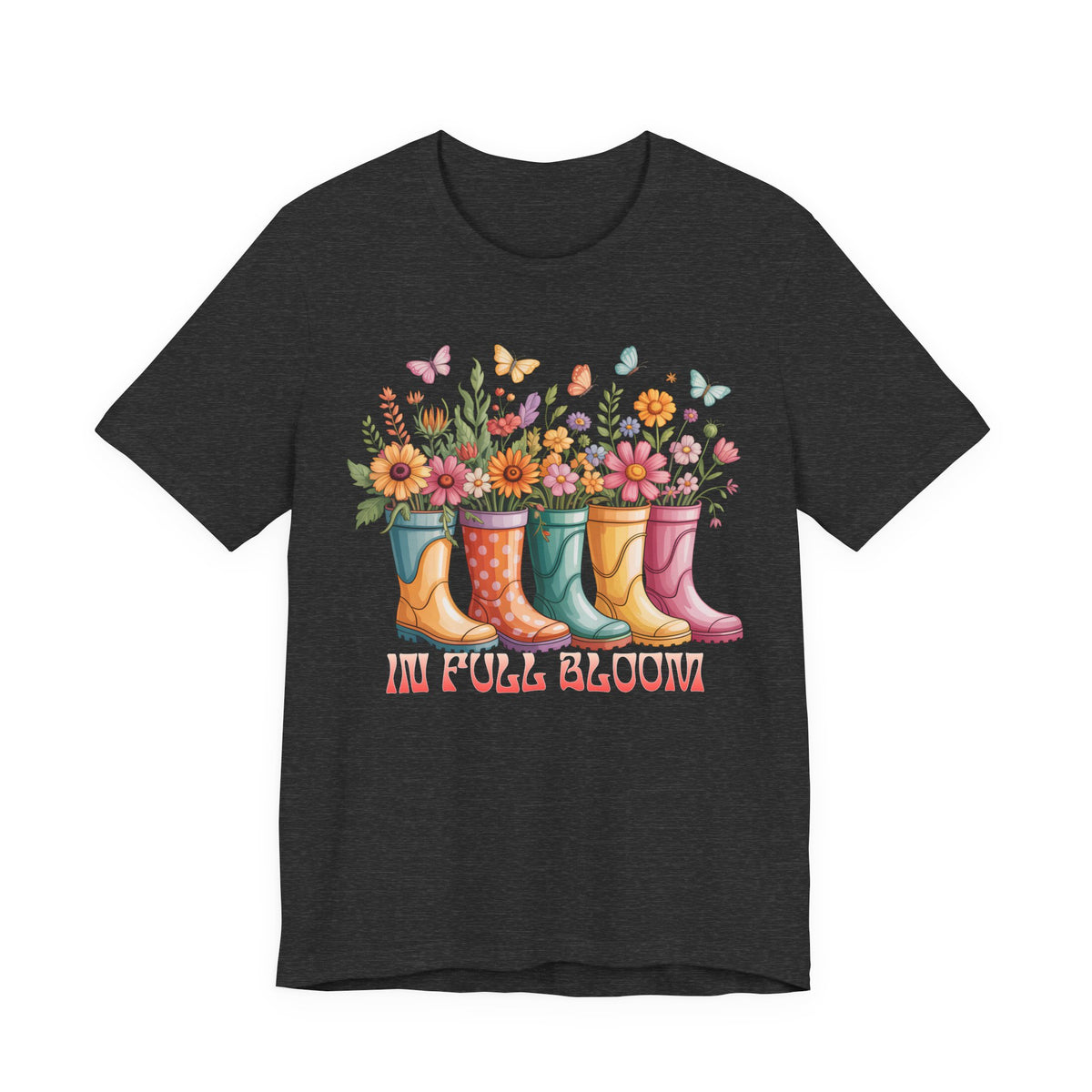 In Full Bloom Garden T-Shirt, Colorful Rain Boots & Flowers Graphic Tee - 14971