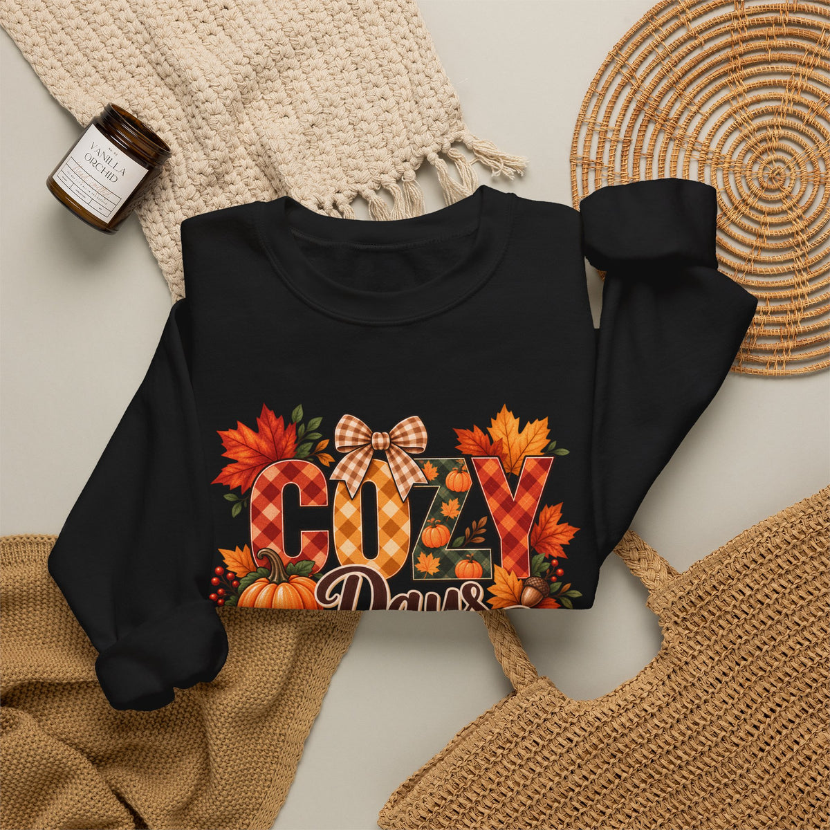 Cozy Days Sweatshirt,  Fall Pumpkin & Plaid Crewneck - 14525
