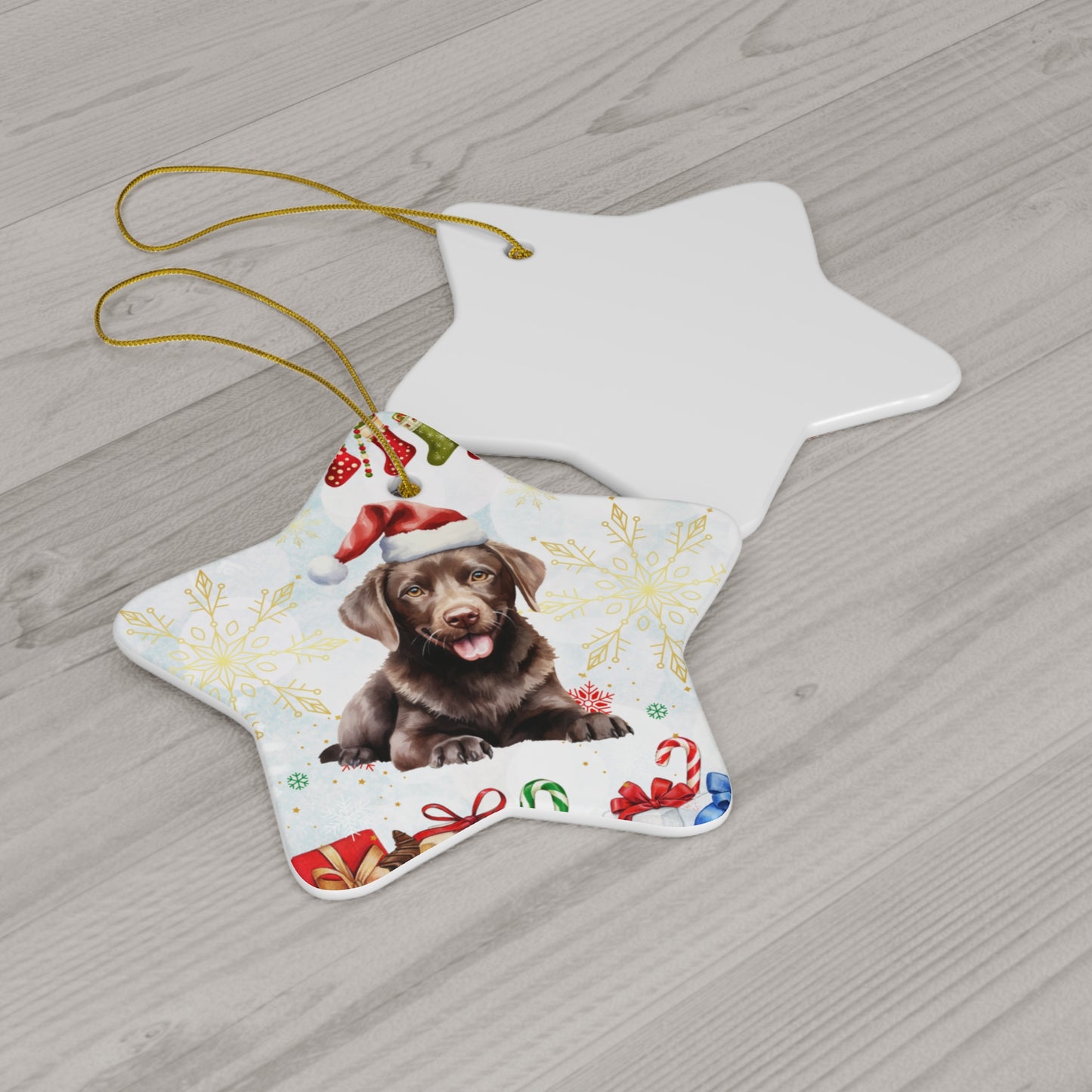 Dog with Christmas Hat - Ceramic Ornament, 4 Shapes