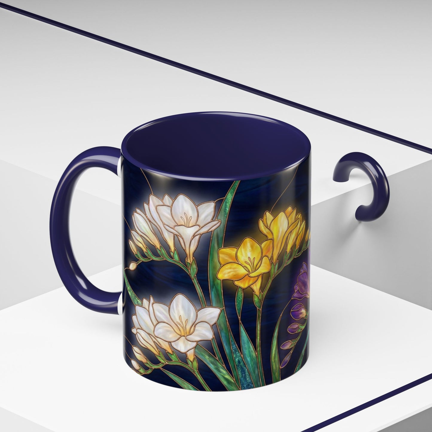 Freesia Floral Accent Coffee Mug — Stained Glass Design (11/15 oz) - 14566