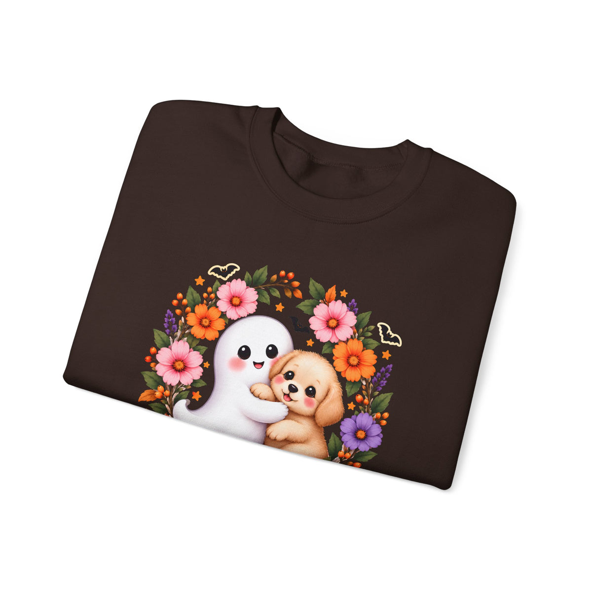 Cute Ghost & Puppy Halloween Sweatshirt,  Floral Crewneck - 14515