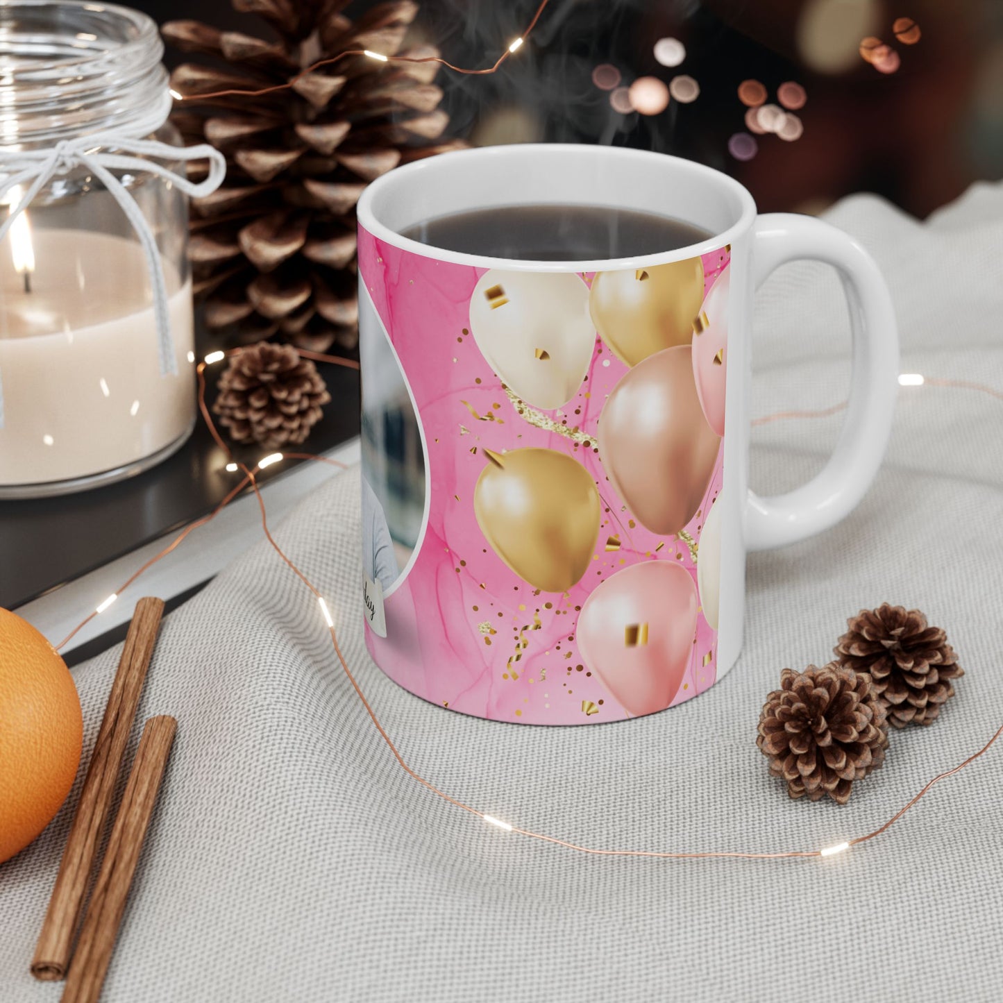 Happy Birthday Ceramic Mug, Personalized Gift, Celebration Drinkware, Pink Balloon Coffee Cup, Custom Photo Mug - 13992