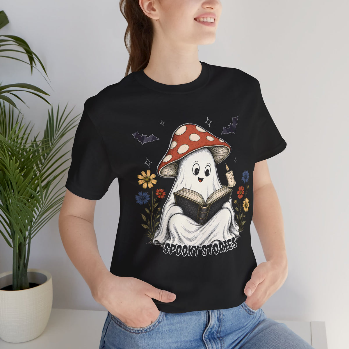 Spooky Stories Ghost T-Shirt, Cute Mushroom Ghost Reading Shirt for Halloween - 14970