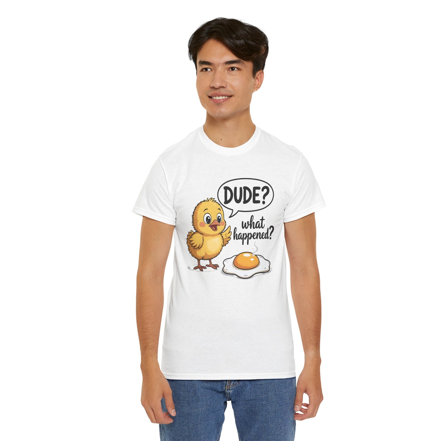 Funny Chicken T-Shirt – “Dude? What Happened?” Cute Chick & Egg Humor Tee Gift - 14849