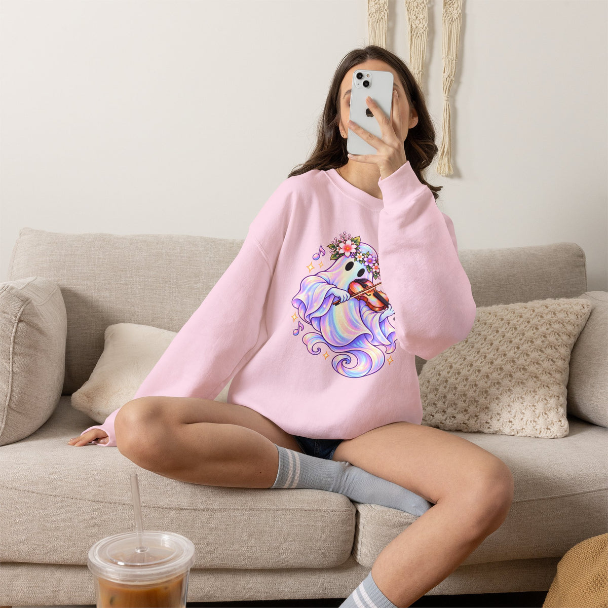 Ghost Violin Sweatshirt — Cute Floral Music Lover Crewneck - 14527