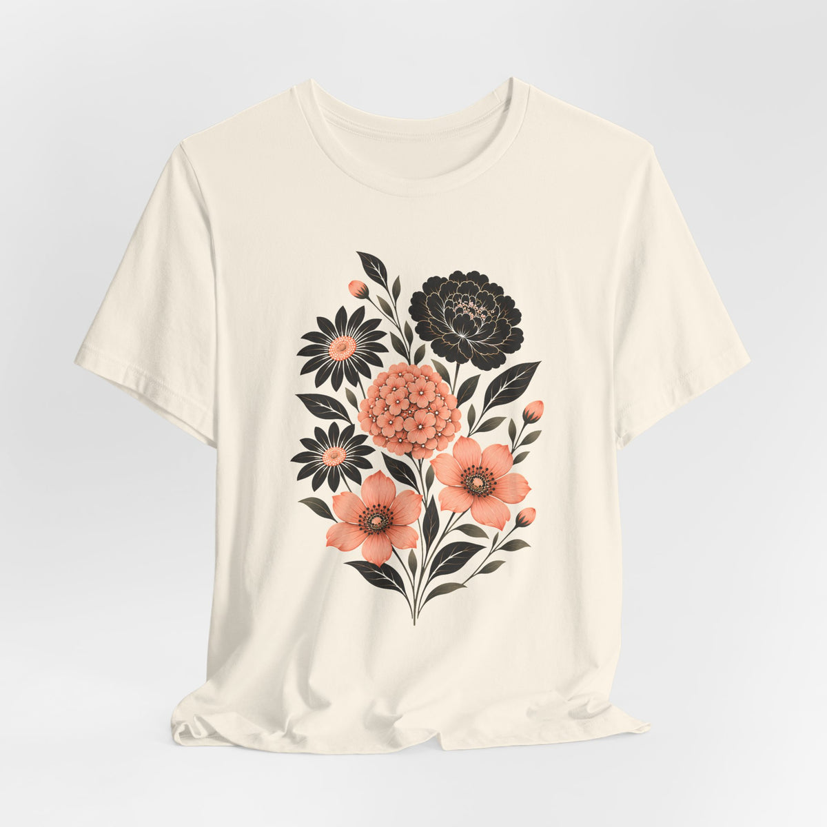 Floral Bouquet T-Shirt, Peach & Black Garden Flower Tee - 14502