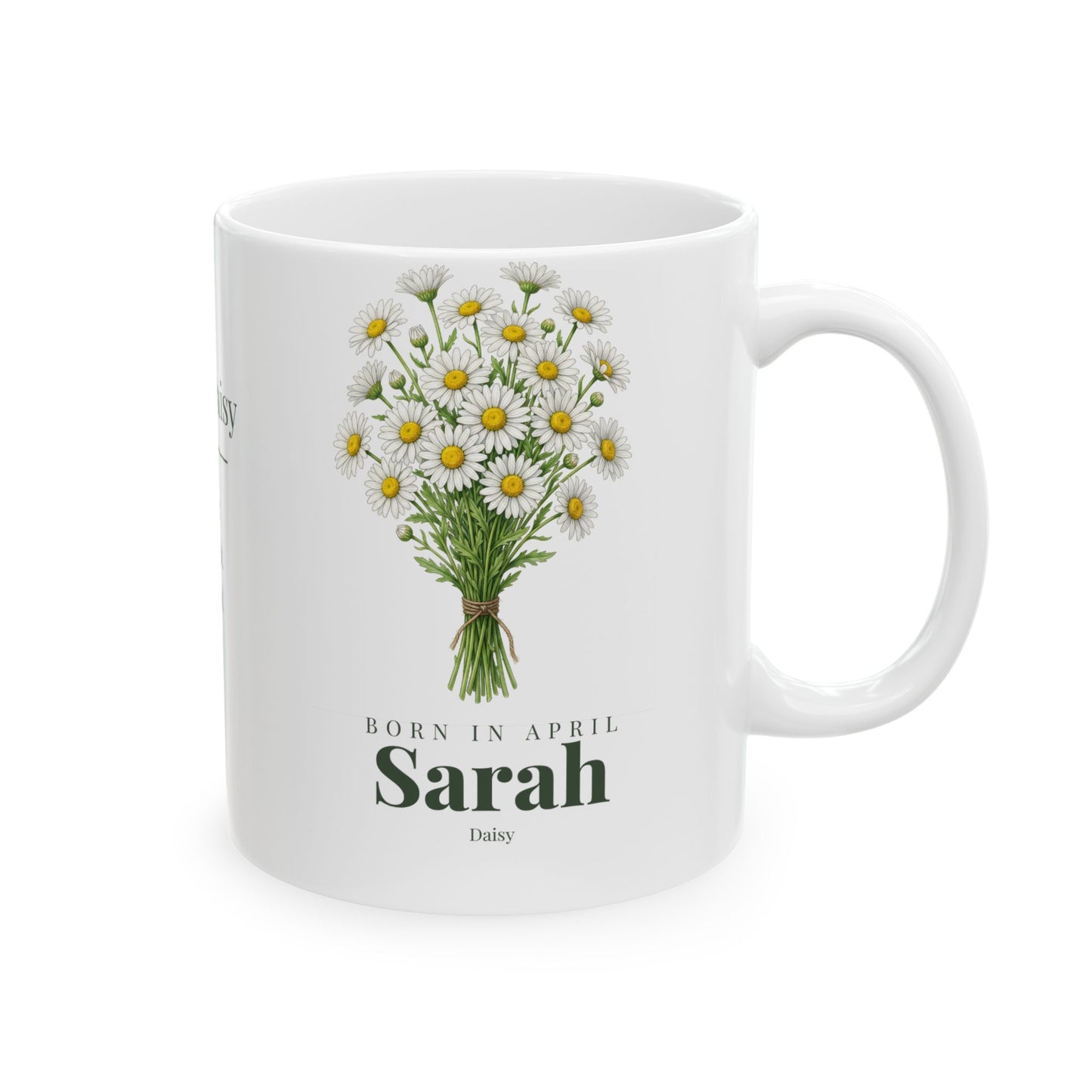 Personalized April Daisy Birth Flower Mug – Custom Name Floral Coffee Cup, "Pure Bright Loyal" Birthday Gift (11oz, 15oz)  - 14832