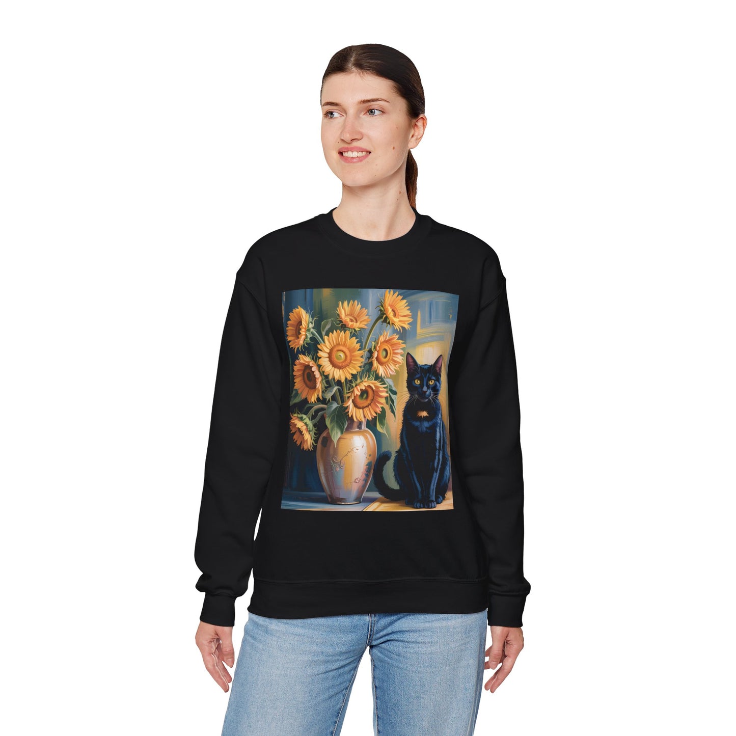 Van Gogh Style Black Cat & Sunflowers Sweatshirt – Art Lover Cozy Crewneck - 14766