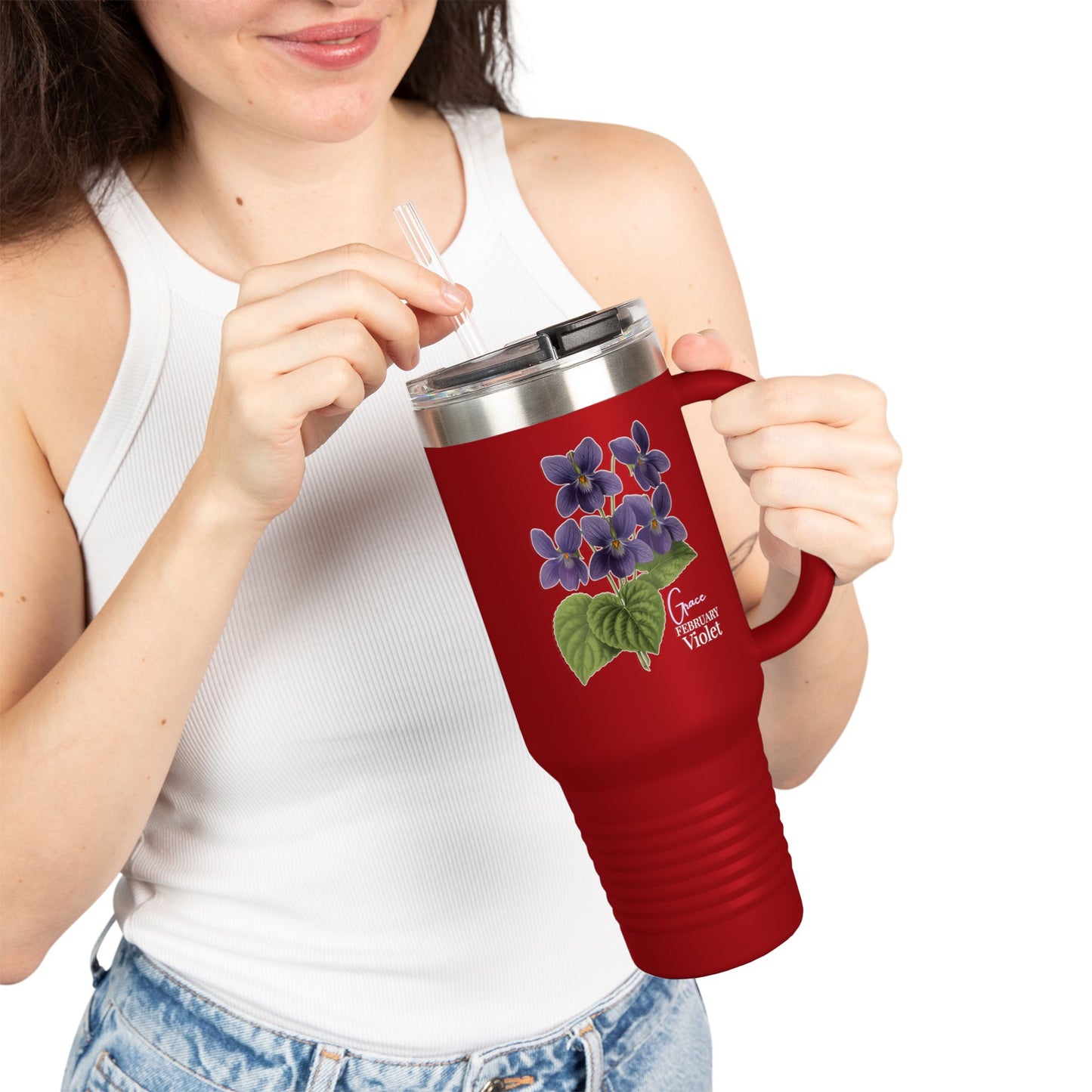 Violet Floral Tumbler – February Birth Flower Gift | 40oz Insulated Travel Mug, Customizable — 14688