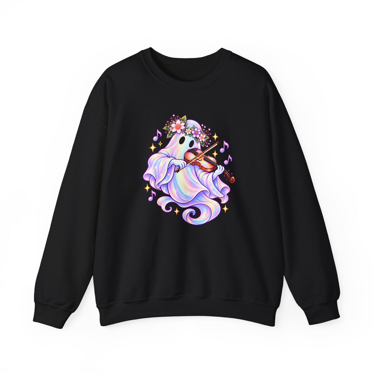 Ghost Violin Sweatshirt — Cute Floral Music Lover Crewneck - 14527